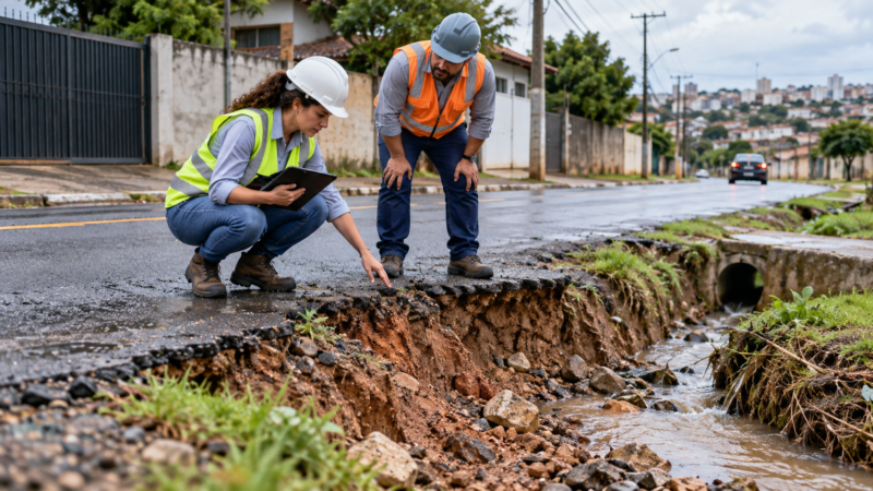 Técnicos examinam erosão na borda de uma via urbana