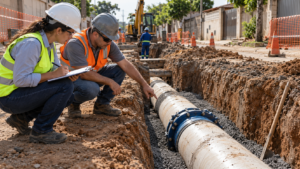 Fiscais examinam a instalação de uma tubulação em obra urbana de saneamento