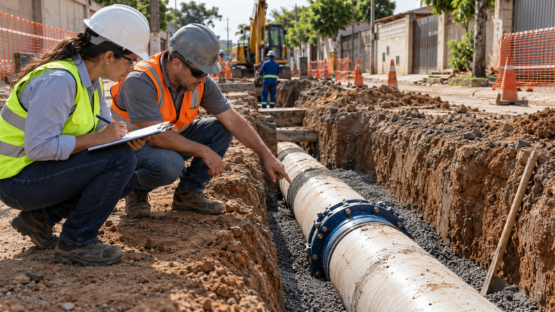 Fiscais examinam a instalação de uma tubulação em obra urbana de saneamento