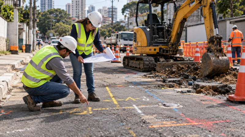 Técnicos conferem marcações de redes subterrâneas antes de uma escavação urbana