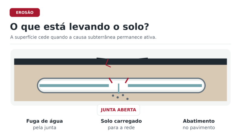 Ilustração mostra junta aberta em tubulação, água carregando solo e abatimento do pavimento.